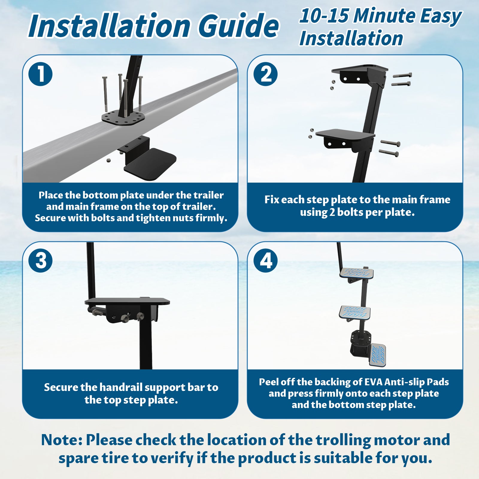 Boat Trailer Steps with Safety Handle, Heavy Duty Material 450 lbs Capacity, 3 Steps Model with EVA Anti-Slip Pad, Universal Fit and 3 Mounting Angle Options — image 6