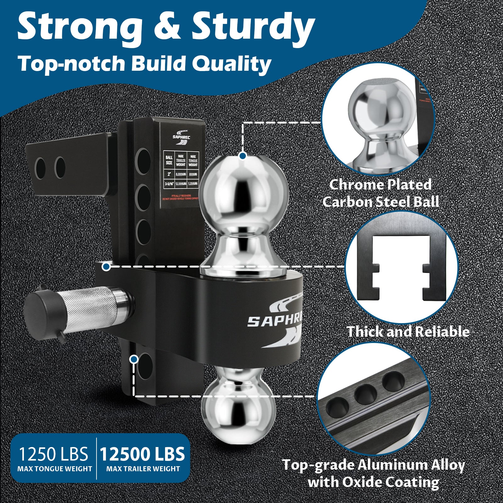 Adjustable Trailer Hitch (Fits 2-Inch Receiver) with 6-Inch Drop/Rise (12,500 LBS GTW) - Dual Ball (2" & 2-5/16") Weather Proof with Anti-Theft Locking Hitch Pins — image 4