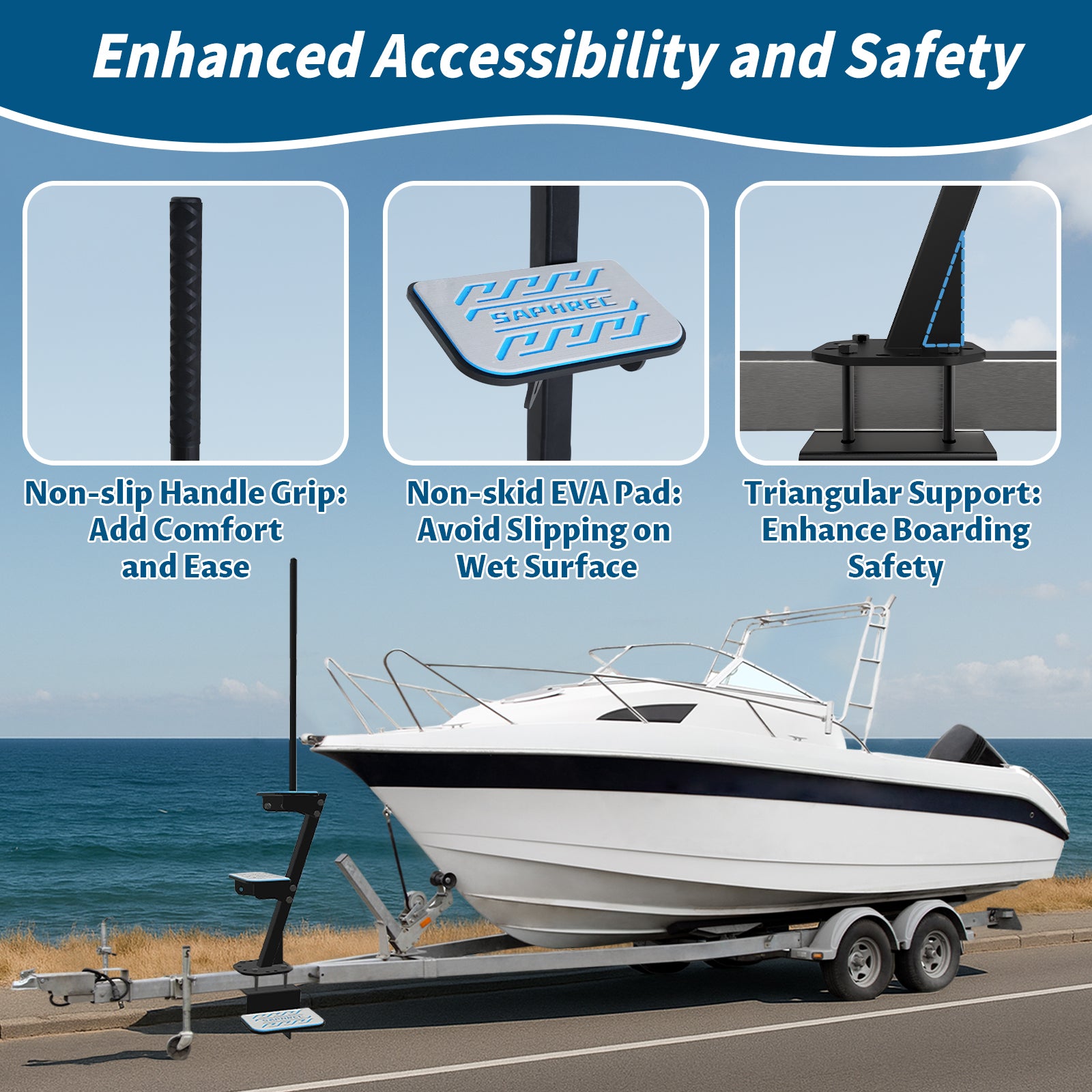 Boat Trailer Steps with Safety Handle, Heavy Duty Material 450 lbs Capacity, 3 Steps Model with EVA Anti-Slip Pad, Universal Fit and 3 Mounting Angle Options — image 3