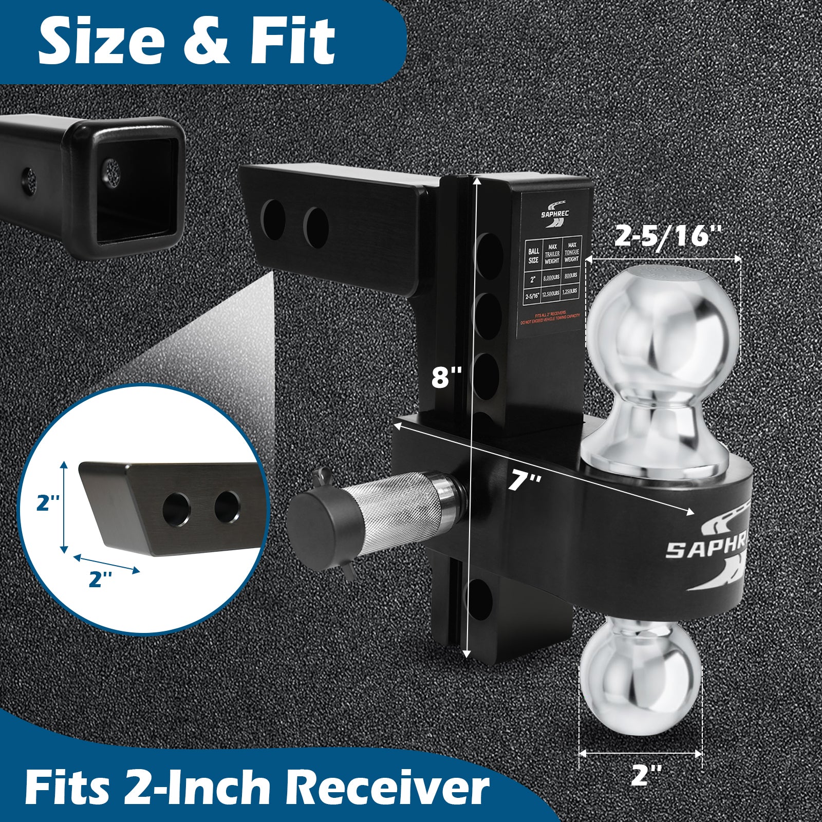 Adjustable Trailer Hitch (Fits 2-Inch Receiver) with 6-Inch Drop/Rise (12,500 LBS GTW) - Dual Ball (2" & 2-5/16") Weather Proof with Anti-Theft Locking Hitch Pins — image 2